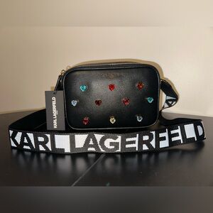 Karl Lagerfeld Paris Simone Flap Rainbow Heart Black Crossbody Bag Handbag New
